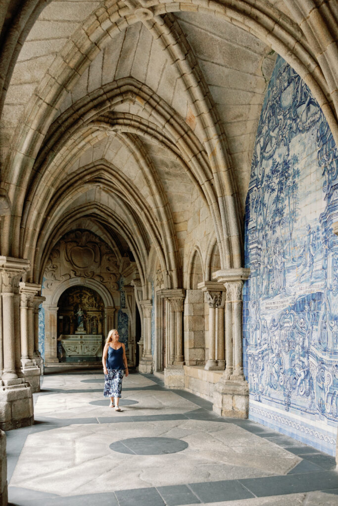 Walking through the cloisters of Porto Cathedral, azulejo tiles, Porto Portugal